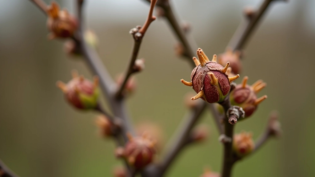 Close-up view of whitethorn and hazel stems side by side showing their different bark textures and bud formations in late winter