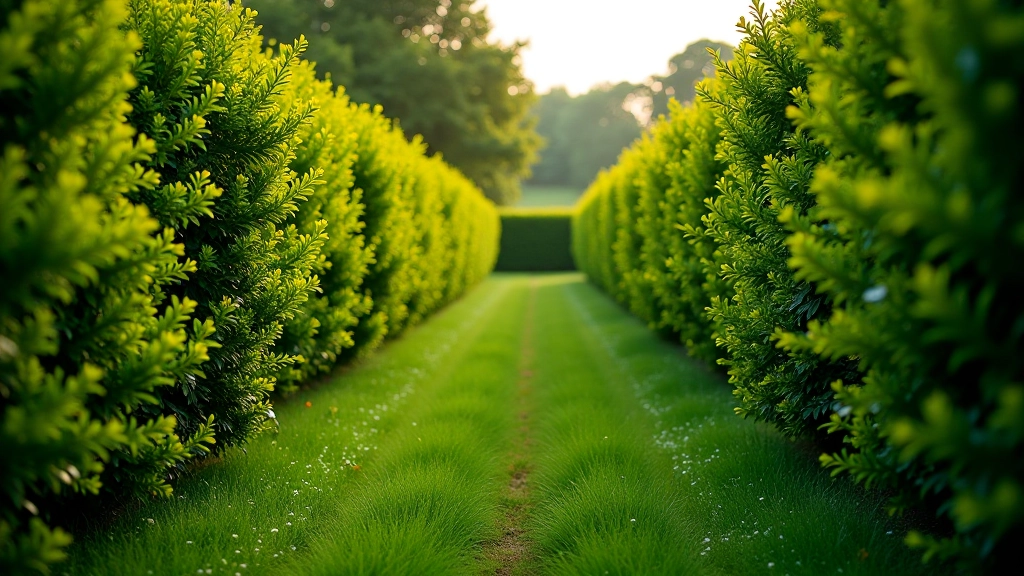 Mixed hedgerow showing dense green foliage and layered growth in summer, full and healthy appearance