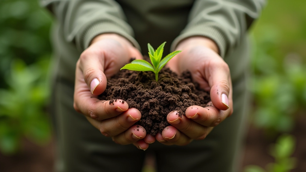 Hands holding soil near whitethorn and hazel seedlings ready for planting in a garden bed