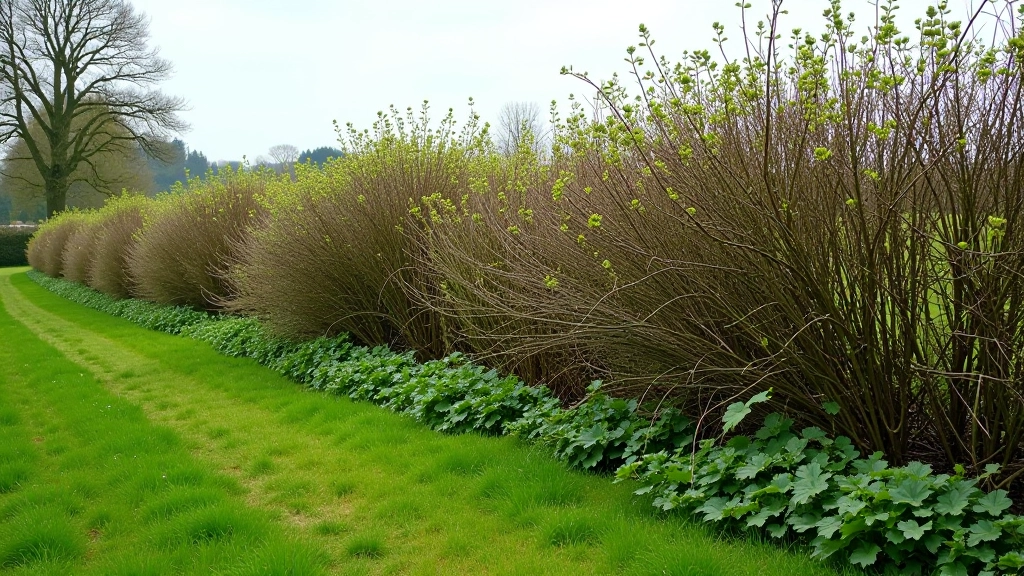 Layered hedgerow structure showing whitethorn at the back creating dense framework with hazel positioned to catch light and show texture in the middle layer