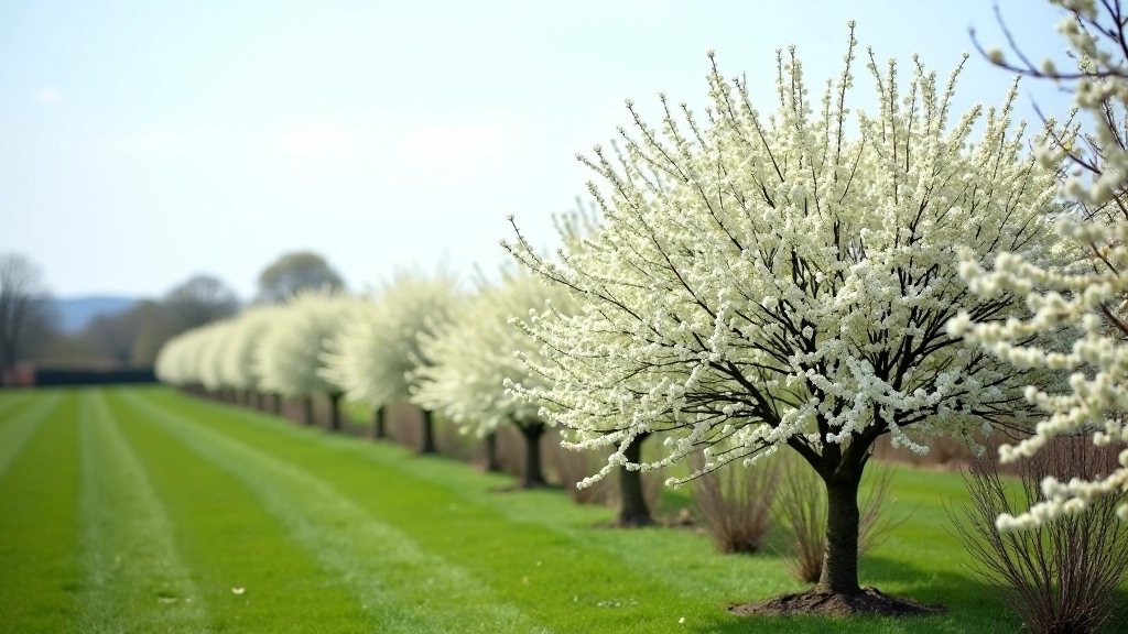 Mature whitethorn hedge in full white blossom during spring bloom period