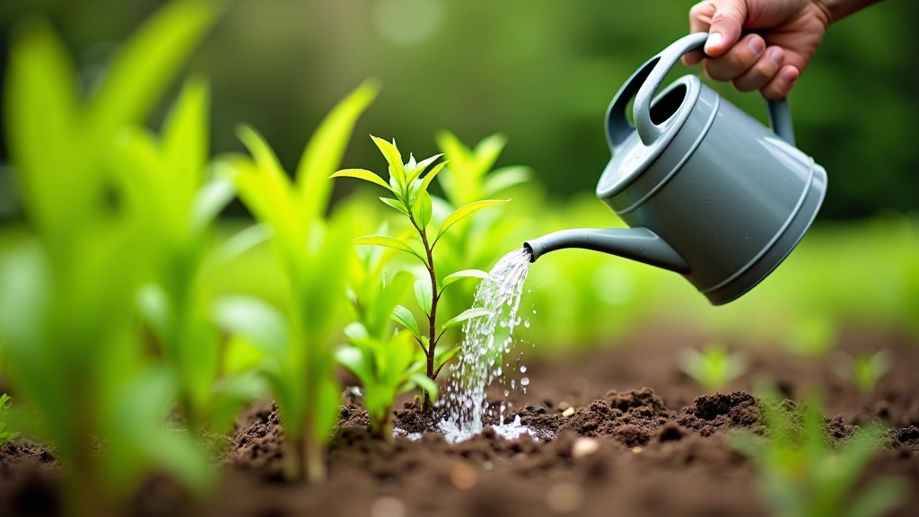 Watering young hedgerow plants with garden watering can during first growing season